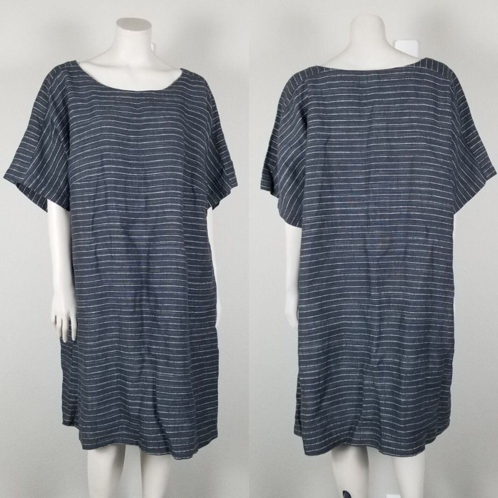 Eileen Fisher Delave Pinstripe Organic Linen Midi Tunic Graphite Dress Size 3X